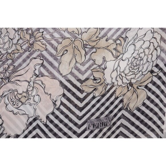 Gianfranco Ferre Unisex Large Black White Chevron Floral Silk Scarf 174 x 35 cm - Picture 3 of 5